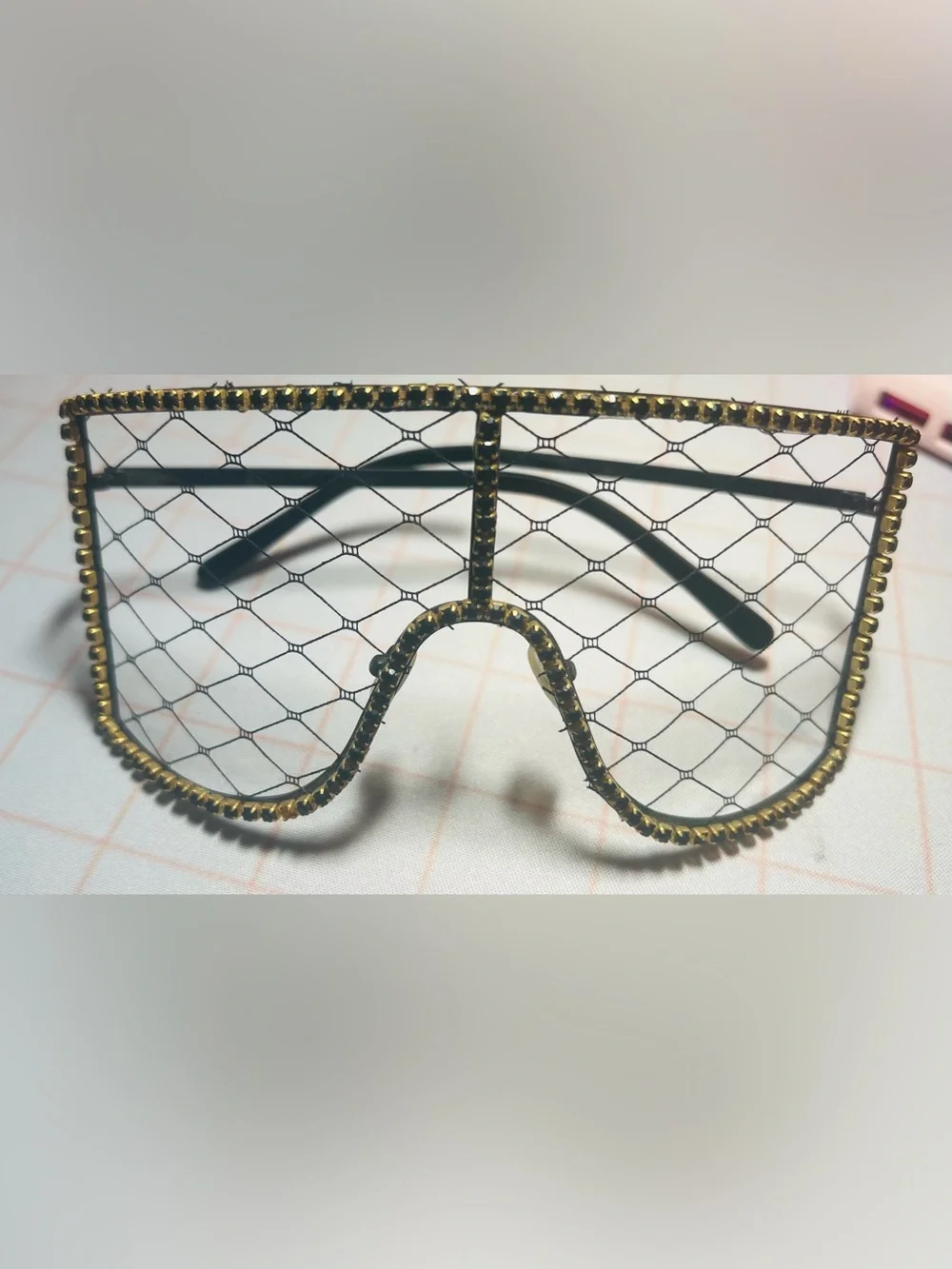 Black Mesh Shield Sunglasses with Gold Stud Trim - Picture 1 of 2